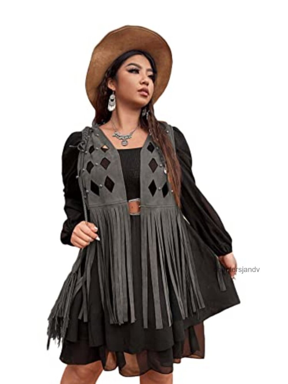 Faux Suede Sleeveless Vest Open Front Fringe Hem Layering Plus Size